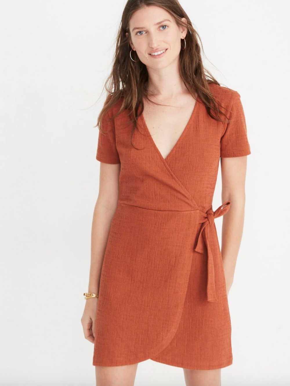 Texture & Thread Short-Sleeve Side-Tie Dress in Burnt Clay